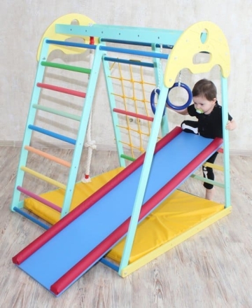 Домашний игровой комплекс Солнышко База, горка ЛДСП, канат, кольца, мат
