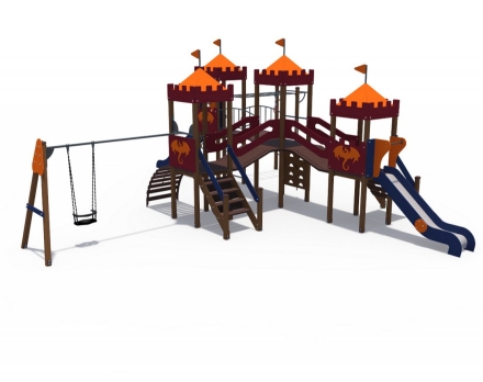Детский игровой комплекс Империя Замок 3 с качелями, металлический скат Н-1200 и 1500 ДИО 02042
