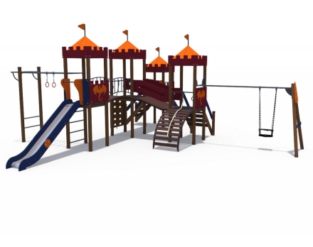 Детский игровой комплекс Империя Замок 3 с качелями, металлический скат Н-1200 и 1500 ДИО 02042